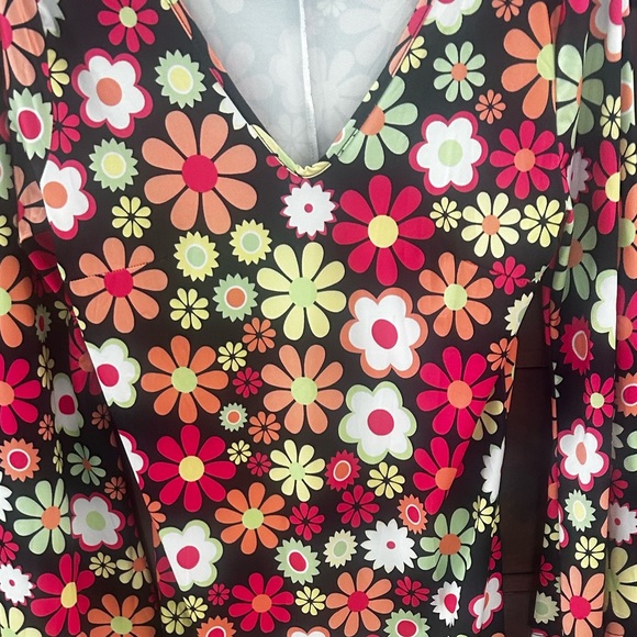 For Grand PL Black Red Floral Long sleeve V Neck Dress Slinky Hippie Boho Medium - Picture 10 of 10